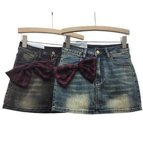 Denim Skirt with Plaid Bow Accent
