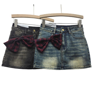 Denim Skirt with Plaid Bow Accent