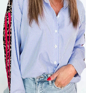 Striped Patchwork Button-Down Shirt