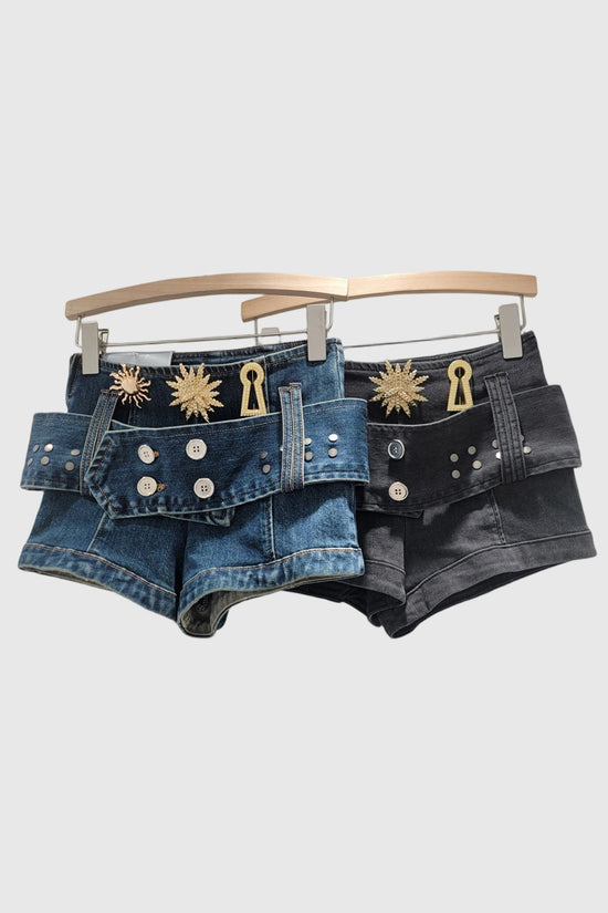 Embellished Denim Belted Shorts