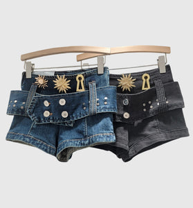 Embellished Denim Belted Shorts