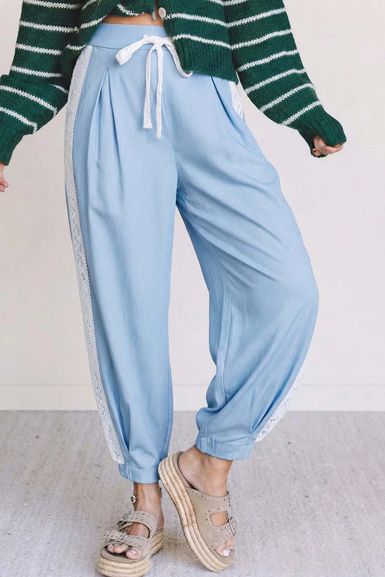 Lace Accent  Patched Pleated Wide Leg Pants