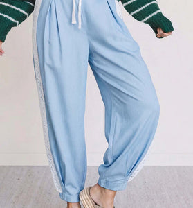 Lace Accent  Patched Pleated Wide Leg Pants