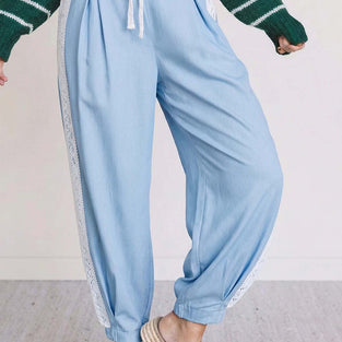 Lace Accent  Patched Pleated Wide Leg Pants