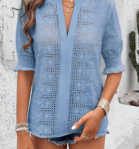 Elegant Eyelet V-Neck Blouse