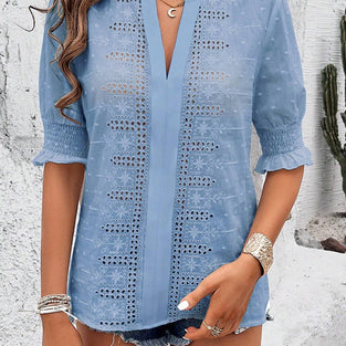 Elegant Eyelet V-Neck Blouse