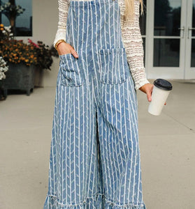 Striped Distressed Ruffled Wide Leg Denim Overalls