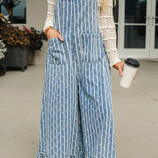 Striped Distressed Ruffled Wide Leg Denim Overalls