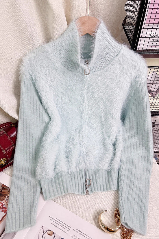 Zip-Up Mock Neck Fuzzy Cardigan