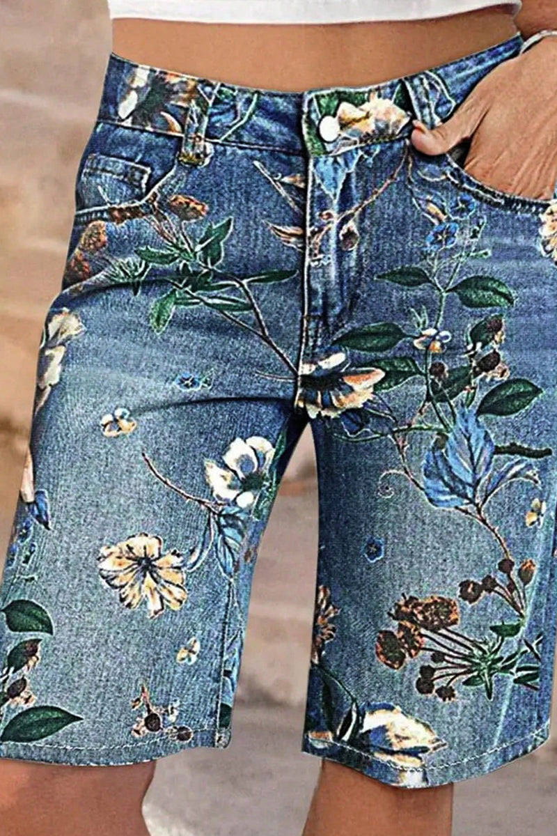 Floral Print High-Waist Denim Shorts