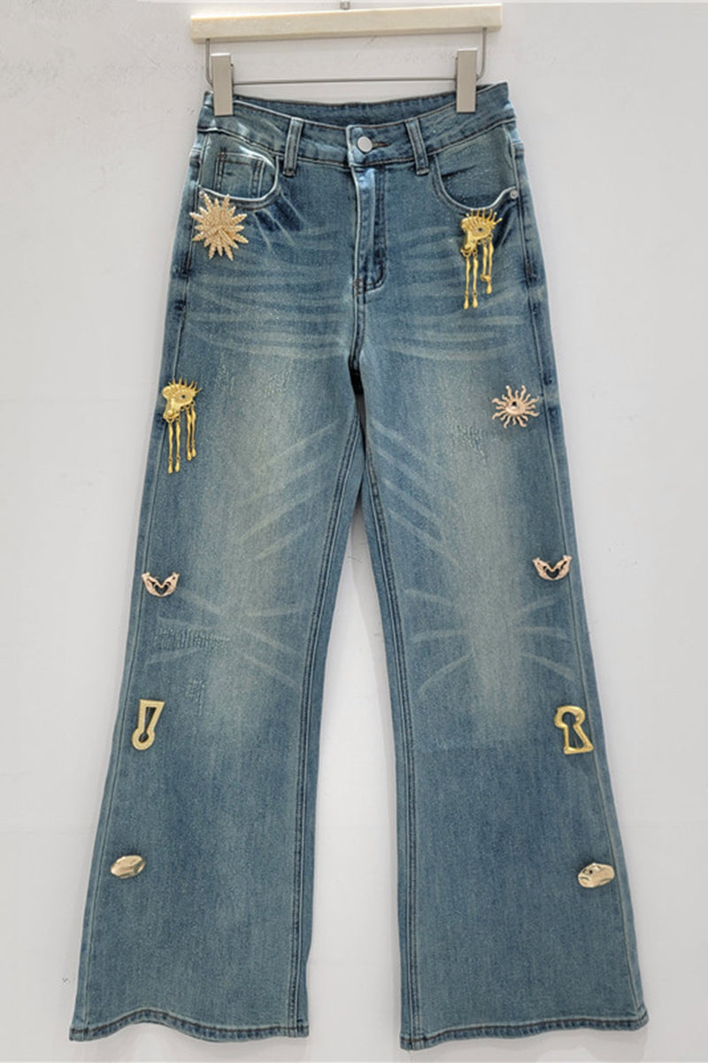 Embellished Straight Leg Denim Jeans
