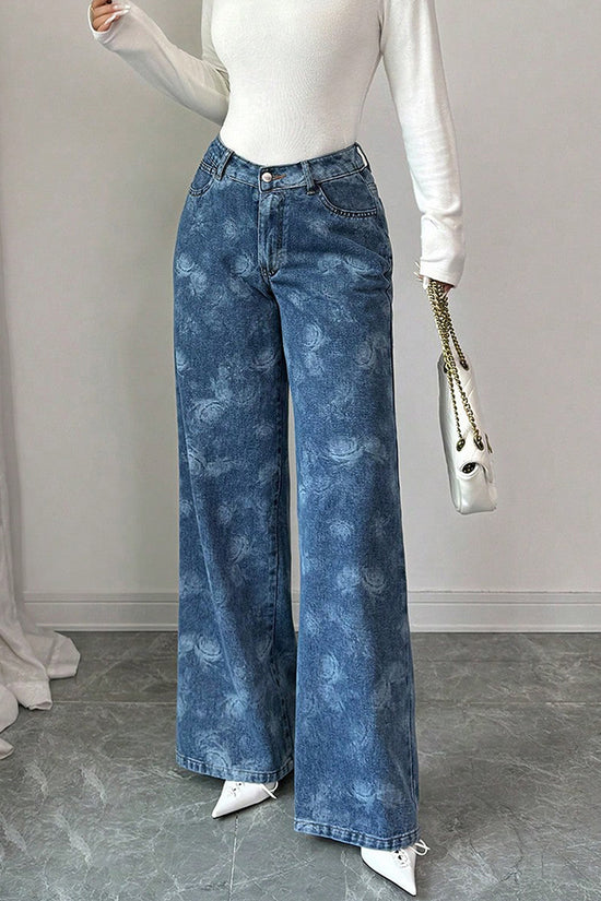 Floral Print High-Waisted Straight Jeans