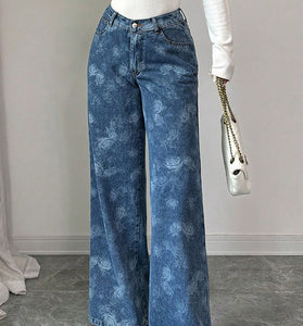 Floral Print High-Waisted Straight Jeans