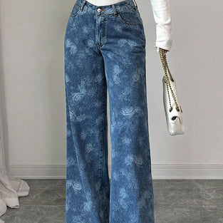 Floral Print High-Waisted Straight Jeans