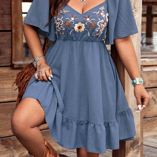Printed Buckle Neck Flowy Dress