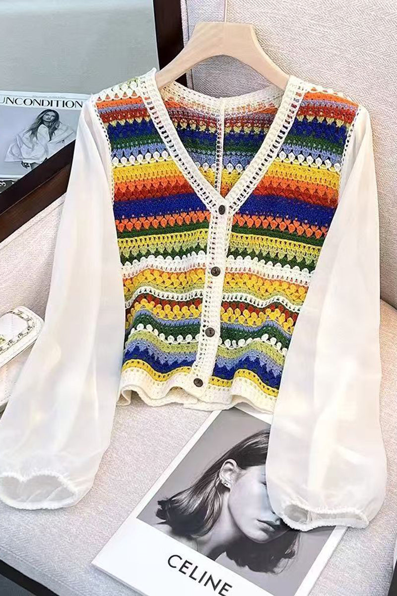 Vibrant Knit Cardigan with Sheer Sleeves