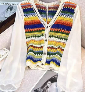 Vibrant Knit Cardigan with Sheer Sleeves