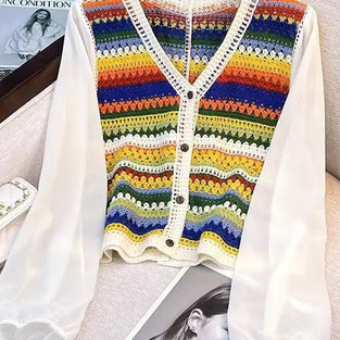 Vibrant Knit Cardigan with Sheer Sleeves