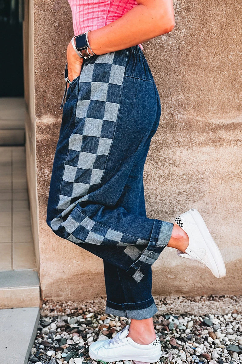 Checkered Side Patchwork Drawstring Denim Pants