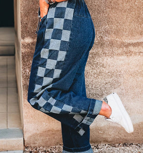 Checkered Side Patchwork Drawstring Denim Pants