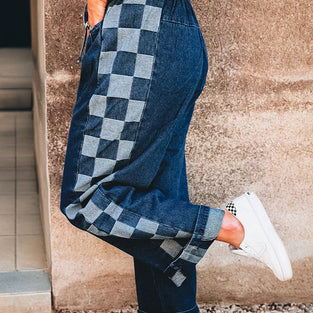 Checkered Side Patchwork Drawstring Denim Pants