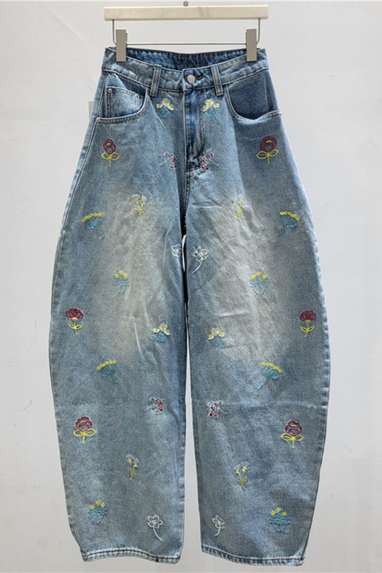 Floral Motif Barrel Jeans