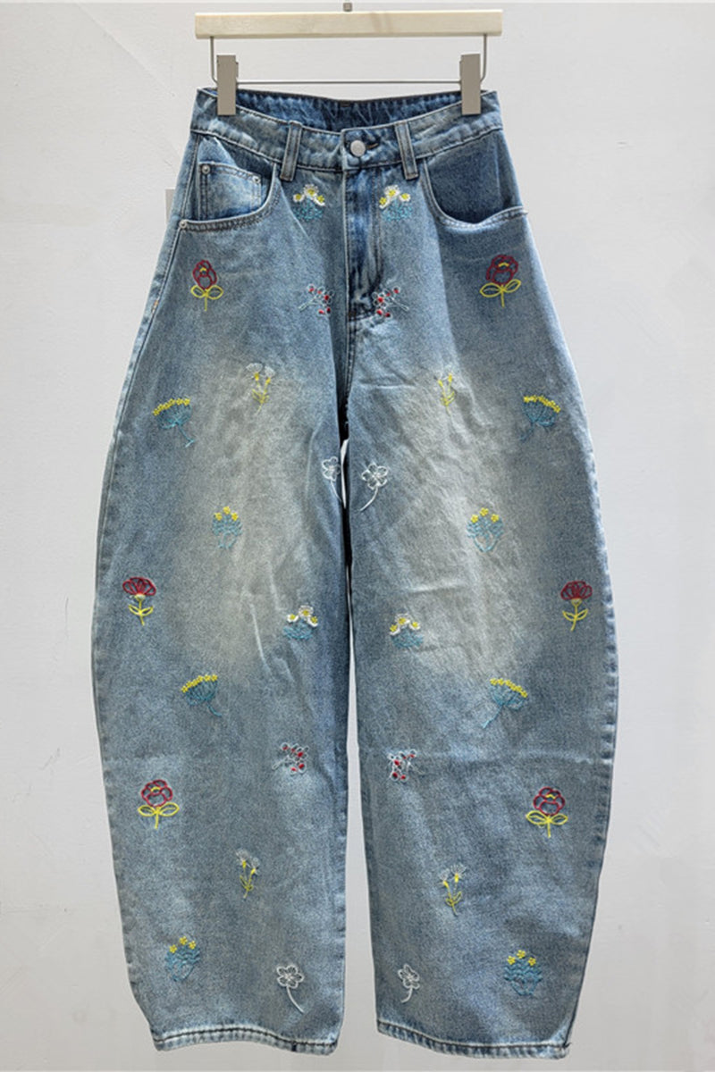 Floral Motif Barrel Jeans