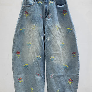 Floral Motif Barrel Jeans