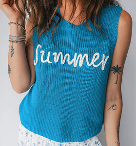 Dusk Blue Summer Script Graphic Sleeveless Sweater Vest
