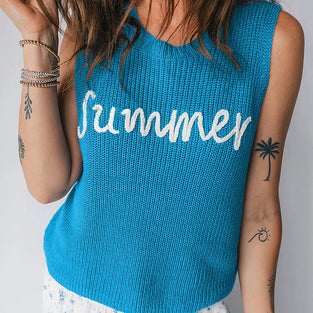 Dusk Blue Summer Script Graphic Sleeveless Sweater Vest