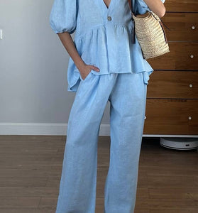 Puff Sleeve Peplum Pants Set