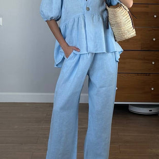Puff Sleeve Peplum Pants Set