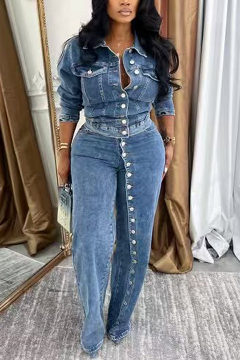 Button-Up Denim Two-Piece Set