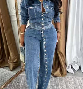 Button-Up Denim Two-Piece Set