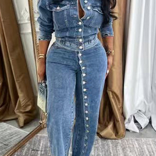 Button-Up Denim Two-Piece Set