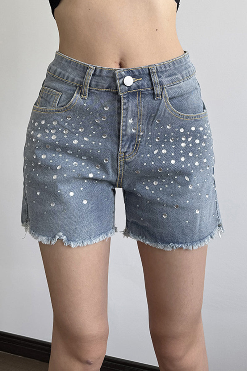 Embellished Frayed-Edge Denim Shorts