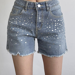 Embellished Frayed-Edge Denim Shorts