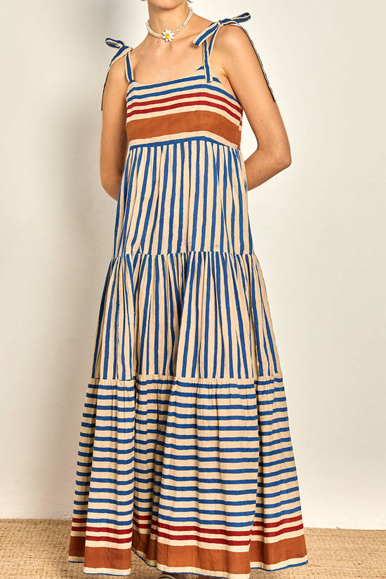 Striped Bow Shoulder Tiered Casual Dress