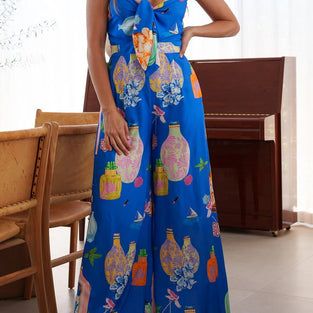Bow Tie Printed Sleeveless Jumpsuit
