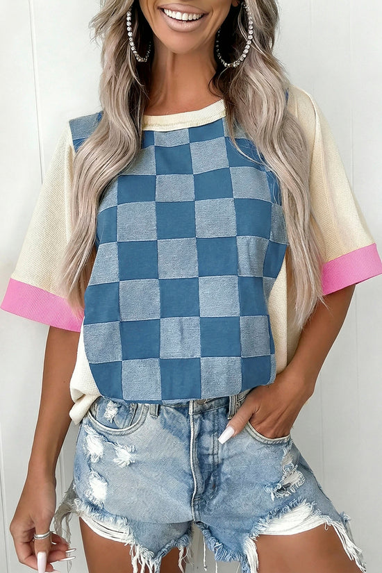 Checkered Patchwork Short Sleeve Top
