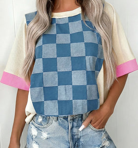Checkered Patchwork Short Sleeve Top