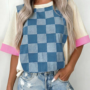 Checkered Patchwork Short Sleeve Top