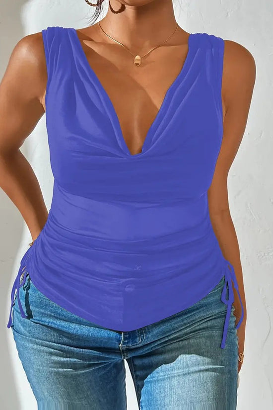 Draped V-Neck Mesh Ruched Tank Top