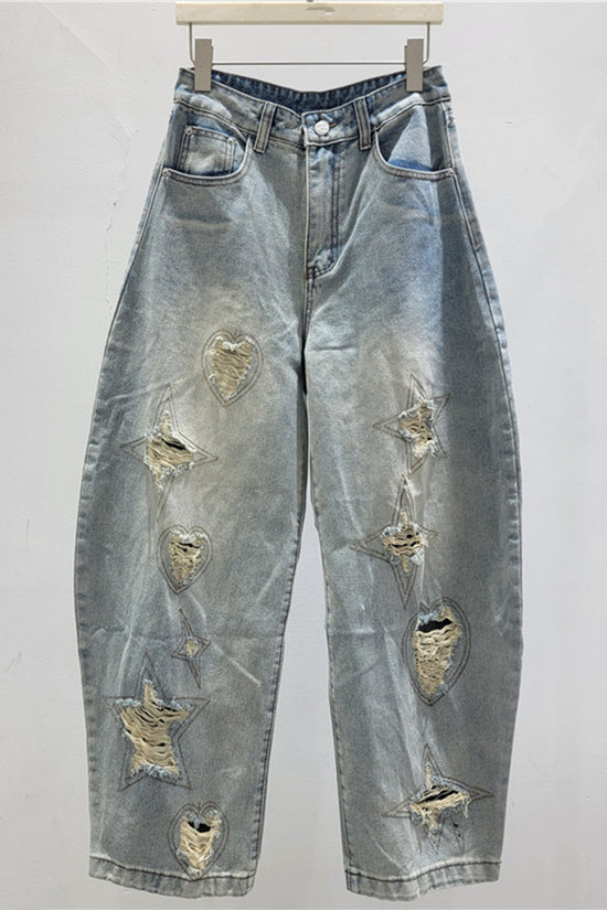 Distressed Heart and Star Barrel Jeans