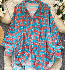 Relaxed Fit Plaid Button-Up Blouse
