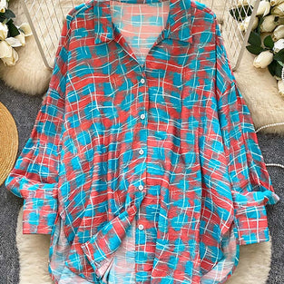 Relaxed Fit Plaid Button-Up Blouse