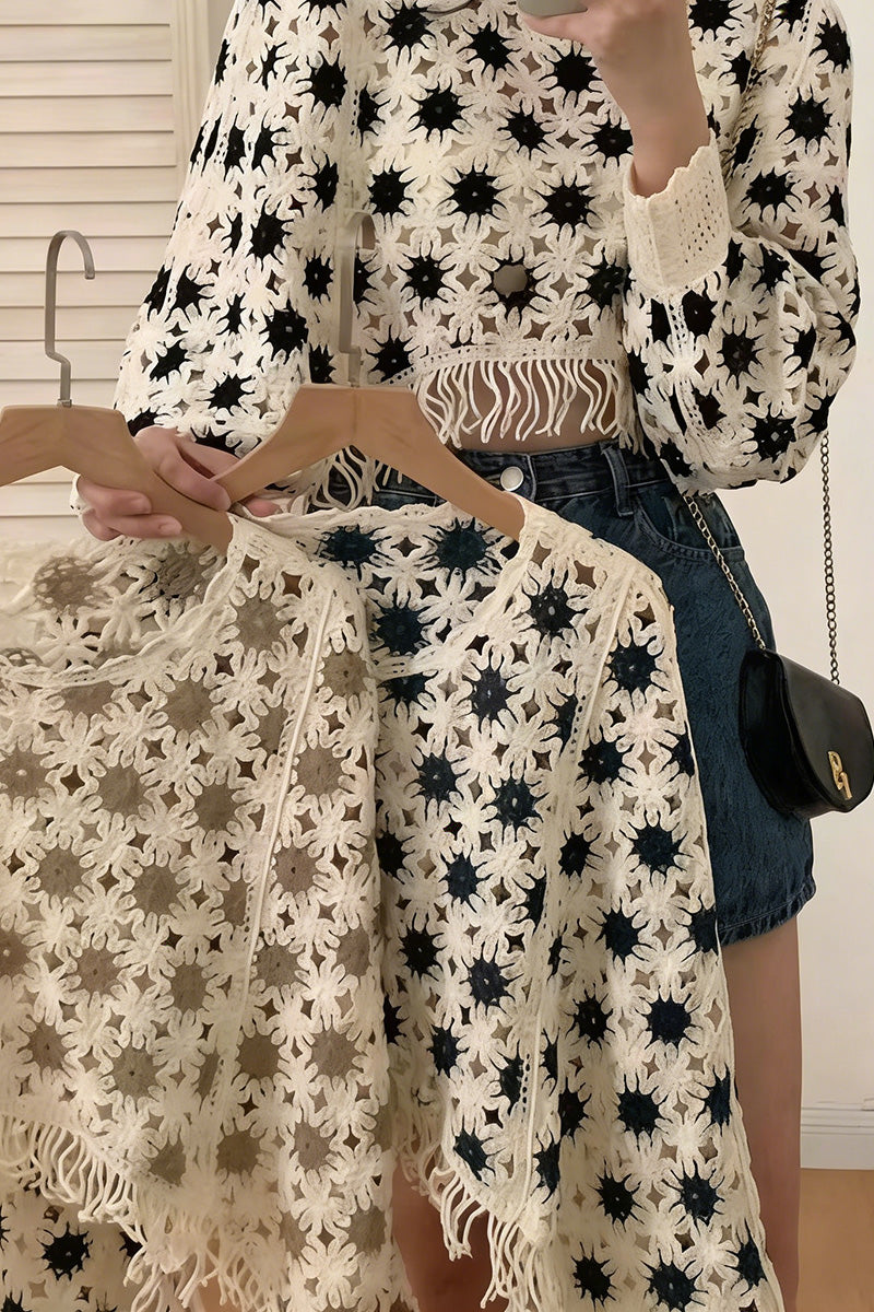 Lace Knit Fringe Cropped Top