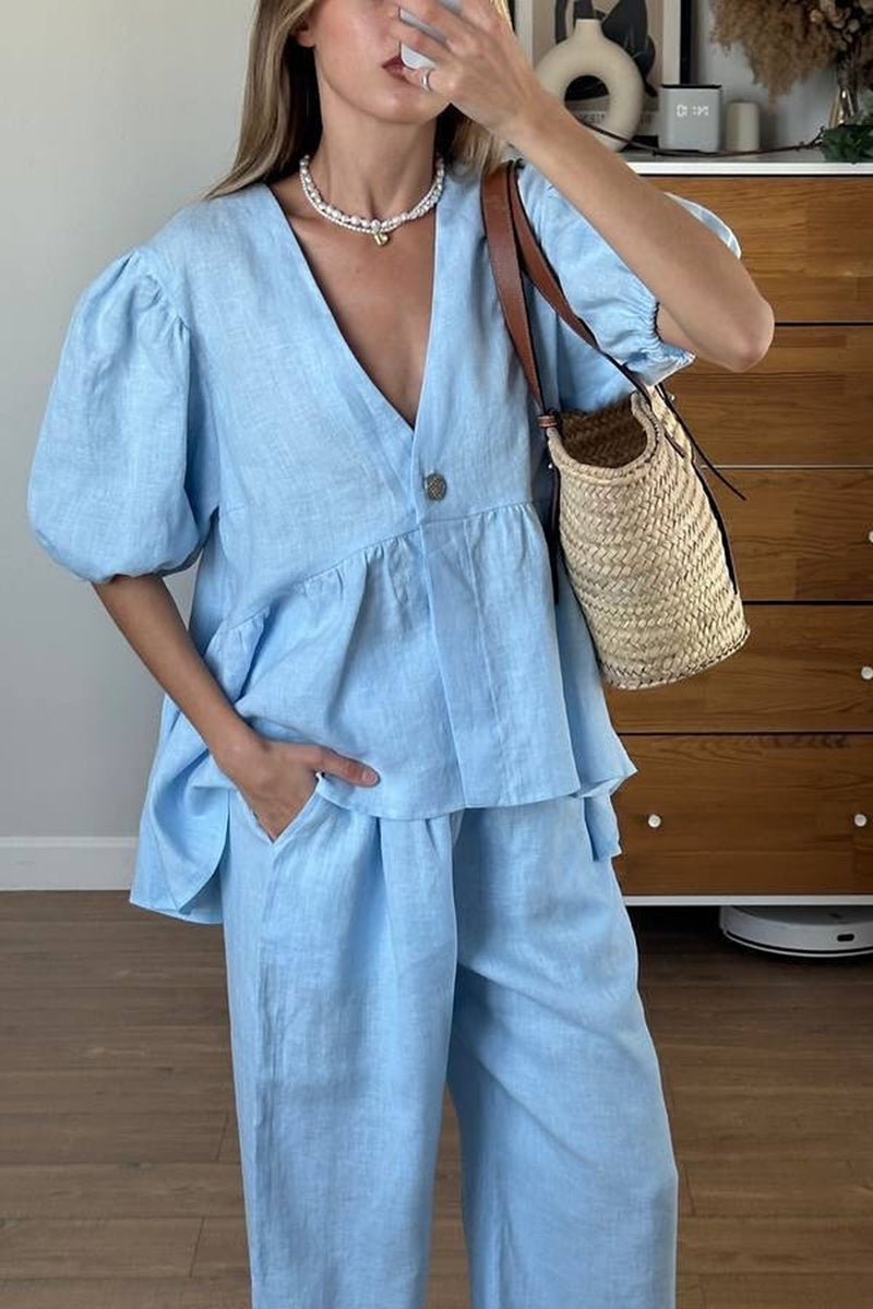 Puff Sleeve Peplum Pants Set