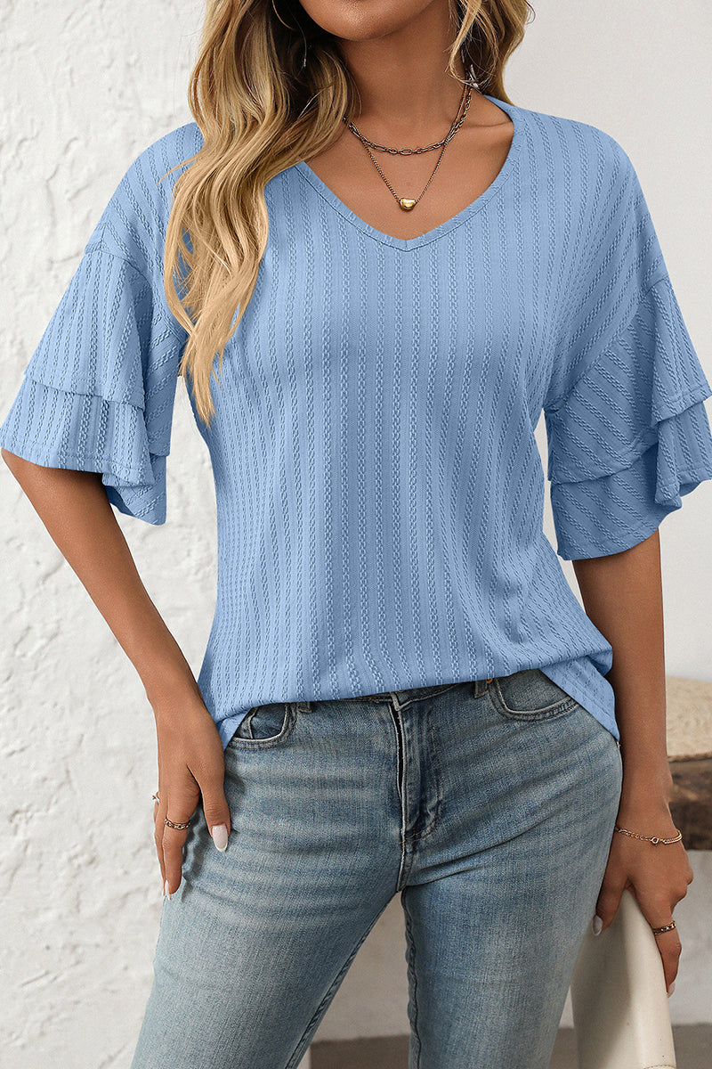 Ruffle Sleeve V-Neck T-Shirt