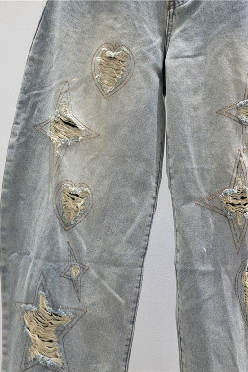 Distressed Heart and Star Barrel Jeans